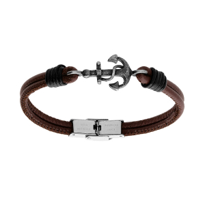 BRACELET ACIER ET CUIR BOVIN MARRON AVEC ANCRE 21CM