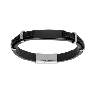 BRACELET ACIER ET CUIR BOVIN NOIR PLAQUE A GRAVER PVD NOIR  19CM + 1CM DOUBLE FERMOIR