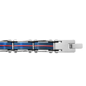 BRACELET ACIER PVD BLEU ET ALUMINIUM ROUGE 21CM REGLABLE TRIPLE FERMOIR