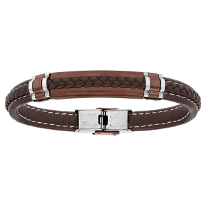 BRACELET ACIER TRESSE PU MARRON PVD MARRON ET ELEMENTS PVD 21CM RÉGLABLE