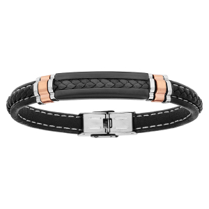 BRACELET ACIER TRESSE NOIR POLYURÉTHANE AVEC PVD NOIR ET ELEMENT PVD ROSE 21CM REGLABLE