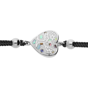 BRACELET ACIER STELLA MIA CORDON BLEU MARINE FORME COEUR ARBRE DE VIE AVEC NACRE 16+3CM