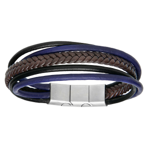 BRACELET ACIER ET CUIR BOVIN MULTIFILS NOIR ET BLEU TRESSE MARRON 20CM + 1CM DOUBLE FERMOIR