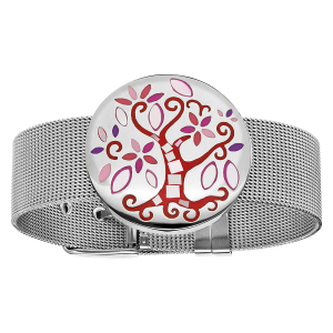 BRACELET STELLA MIA MAILLE MILANAISE AVEC ARBRE DE VIE ROUGE ET ROSE  ET NACRE 19,5CM RÉGLABLE