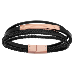 BRACELET ACIER ET PVD ROSE MULTI RANGS CUIR BOVIN NOIR 20,5CM