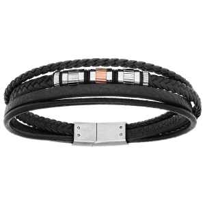 BRACELET ACIER ET PVD ROSE MULTI RANGS CUIR BOVIN NOIR 20,5CM