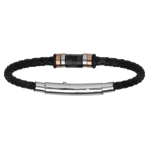 BRACELET ACIER RONDELLES ET PVD ROSE CUIR BOVIN TRESSE NOIR 22CM AJUSTABLE 20CM