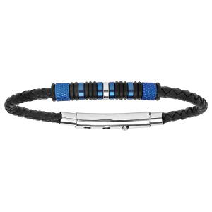 BRACELET ACIER MOTIFS PVD BLEU CUIR TRESSE NOIR 22CM AJUSTABLE 20CM