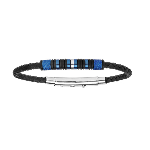 BRACELET ACIER MOTIFS PVD BLEU CUIR BOVIN TRESSE NOIR 22CM AJUSTABLE 20CM