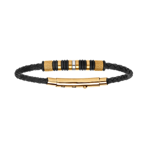 BRACELET ACIER MOTIFS DORÉ ET NOIR CUIR BOVIN TRESSE NOIR 22CM AJUSTABLE 20CM