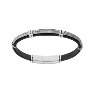 BRACELET ACIER ET CUIR BOVIN NOIR DOUBLE CABLE GRIS 20CM + 1CM DOUBLE FERMOIR AIMANTÉ