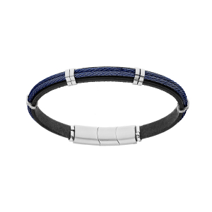 BRACELET ACIER ET CUIR BOVIN NOIR DOUBLE CABLE PVD BLEU 20CM + 1CM DOUBLE FERMOIR AIMANTÉ