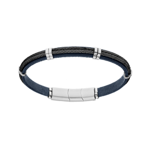 BRACELET ACIER ET CUIR BOVIN BLEU DOUBLE CABLE NOIR 20CM + 1CM DOUBLE FERMOIR AIMANTÉ