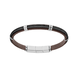 BRACELET ACIER ET CUIR BOVIN MARRON DOUBLE CABLE NOIR 20CM + 1CM DOUBLE FERMOIR AIMANTÉ