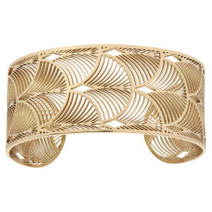 BRACELET ACIER PVD DORÉ MANCHETTE PLUME DE PAONS