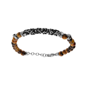 BRACELET ACIER BOULES OEIL DE TIGRE VÉRITABLE MARRON ET MAILLE ROYALE 19+2CM