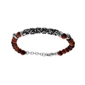 BRACELET ACIER BOULES OEIL DE TIGRE VÉRITABLE ROUGE ET MAILLE ROYALE 19+2CM