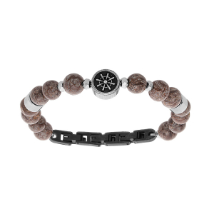 BRACELET ACIER PERLE OBSIDIENNE VÉRITABLE ET MOTIF ROUE 18+2CM DOUBLE FERMOIR