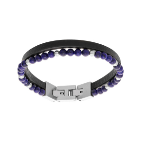 BRACELET ACIER DOUBLE CUIR BOVIN NOIR ET PERLES SODALITE 4.80MM 19CM + 1.5CM DOUBLE FERMOIR