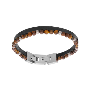 BRACELET ACIER DOUBLE CUIR BOVIN MARRON ET PERLES OEIL DE TIGRE 4.80MM  19CM + 1.5CM DOUBLE FERMOIR