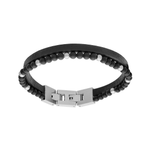 BRACELET ACIER DOUBLE CUIR BOVIN NOIR ET PERLES ONYX 19CM + 1.5CM DOUBLE FERMOIR