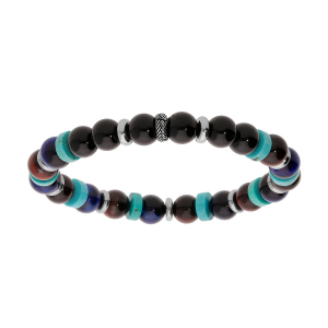 BRACELET ACIER EXTENSIBLE BOULES AGATE NOIRE, OEIL DE TIGRE BLEU ROUGE MARRON ET RONDELLES HOWLITE