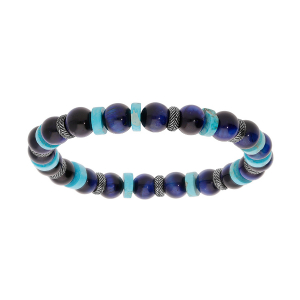 BRACELET ACIER EXTENSIBLE BOULES OEIL DE TIGRE BLEU ET RONDELLES HOWLITE