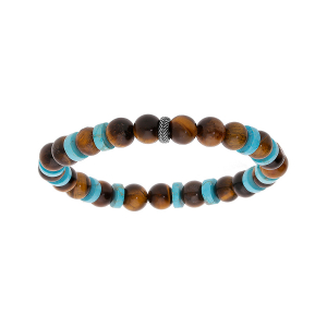 BRACELET ACIER EXTENSIBLE BOULES OEIL DE TIGRE MARRON ET RONDELLES HOWLITE