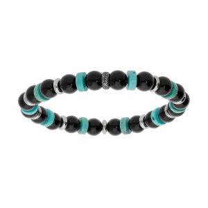 BRACELET ACIER EXTENSIBLE BOULES AGATE NOIRE ET RONDELLES HOWLITE