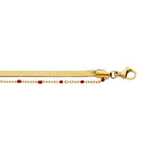 BRACELET ACIER ET PVD DORÉ 2 RANGS MAILLE PLATE ET RÉSINE ROUGE 15+3CM