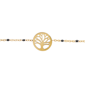 BRACELET ACIER ET PVD DORÉ RÉSINE NOIRE AVEC ARBRE DE VIE 16+3CM
