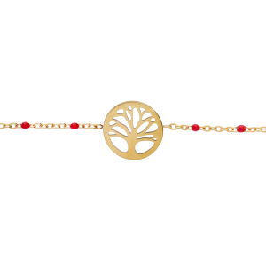BRACELET ACIER ET PVD DORÉ RÉSINE ROUGE AVEC ARBRE DE VIE 16+3CM