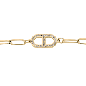 BRACELET ACIER ET PVD DORÉ MAILLES RECTANGULAIRES MOTIF OXYDES BLANCS SERTIS 16+3CM
