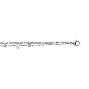 BRACELET ACIER DOUBLE MULTI COEURS LISSES ET OXYDES BLANCS SERTIS   16+3CM