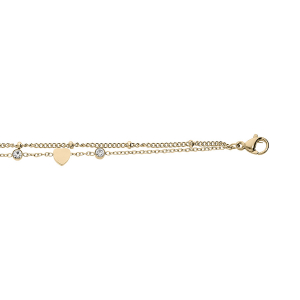 BRACELET ACIER ET PVD DORÉ DOUBLE MULTI COEURS LISSES ET OXYDES BLANCS SERTIS   16+3CM