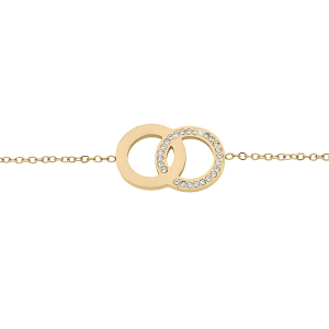 BRACELET ACIER PVD DORÉ 2 CERCLES ENTRELACÉS 1 LISSE ET 1 AVEC OXYDES BLANCS 16+3CM