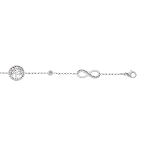 BRACELET ACIER AVEC INFINI ET ARBRE DE VIE ET OXYDES BLANCS SERTIS 16+3CM