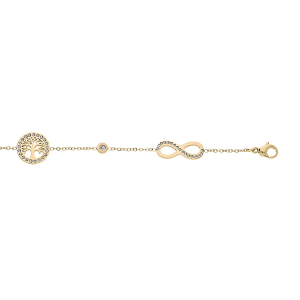 BRACELET ACIER ET PVD DORÉ AVEC INFINI ET ARBRE DE VIE ET OXYDES BLANCS SERTIS 16+3CM
