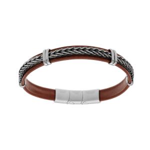 BRACELET ACIER ET CUIR BOVIN MARRON AVEC TRESSE DOUBLE FERMOIR 19.5+1.5CM