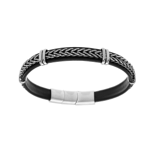 BRACELET ACIER ET CUIR BOVIN NOIR AVEC TRESSE DOUBLE FERMOIR 19.5+1.5CM