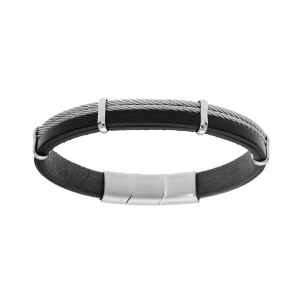 BRACELET ACIER ET CUIR BOVIN NOIR 2 CABLES GRIS DOUBLE FERMOIR 20+1CM