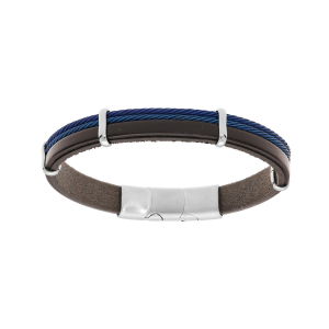 BRACELET ACIER ET CUIR BOVIN NOIR 2 CABLES BLEU DOUBLE FERMOIR 20+1CM