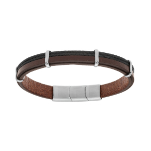 BRACELET ACIER ET CUIR BOVIN MARRON 2 CABLES NOIR DOUBLE FERMOIR  20+1CM