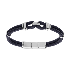 BRACELET ACIER ET DOUBLE CUIR BOVIN TRESSÉ BLEU DOUBLE FERMOIR 19+1CM