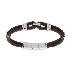BRACELET ACIER ET DOUBLE CUIR BOVIN TRESSÉ MARRON DOUBLE FERMOIR 19+1CM