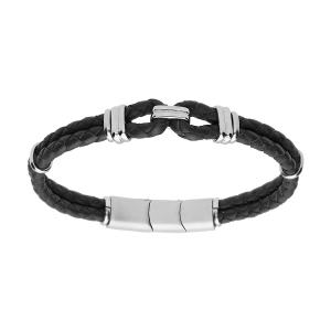 BRACELET ACIER ET DOUBLE CUIR BOVIN TRESSÉ NOIR DOUBLE FERMOIR 19+1CM