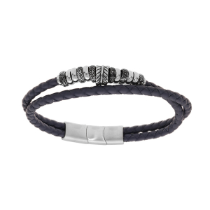 BRACELET ACIER ET CUIR BOVIN BLEU TRESSÉ 2 RANGS AVEC MULTI ANNEAUX  19.5+1CM DOUBLE FERMOIR