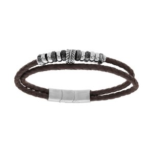 BRACELET ACIER ET CUIR BOVIN MARRON TRESSÉ 2 RANGS AVEC MULTI ANNEAUX  19.5+1CM DOUBLE FERMOIR