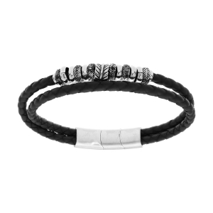 BRACELET ACIER ET CUIR BOVIN NOIR TRESSÉ 2 RANGS AVEC MULTI ANNEAUX  19.5+1CM DOUBLE FERMOIR