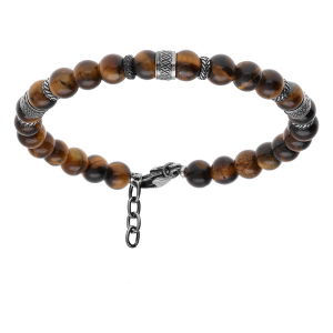 BRACELET ACIER BOULES OEIL DE TIGRE MARRON VÉRITABLE 19+3CM